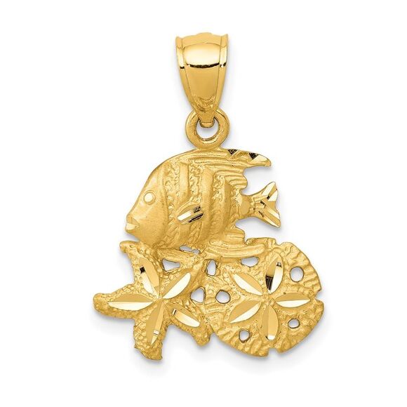 14k Yellow Gold Small Satin & Diamond-Cut Sea Life Pendant 16 x 23mm